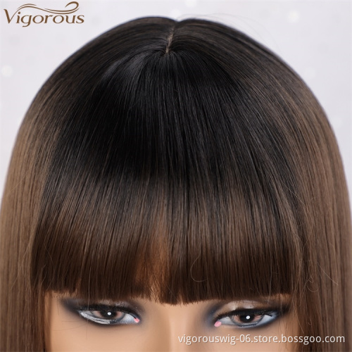Vigorous Ombre Black Roots To Brown Middle Part Long Silky Straight Wig With Bangs Lace Front Synthetic Hair Wig